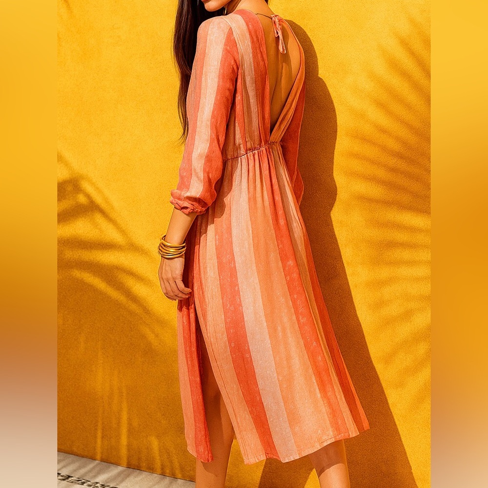 🆕🍑Sundress Marbella Mix Terracotta Metallic Midi Dress XS/S Boho Vacation Party